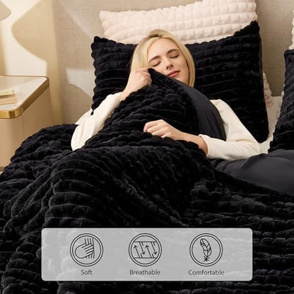 EXQ Home Fluffy Comforter Set King Size - Super Soft Faux Fur 3D Grid Jacquard Comforter 3 Pieces, Black Fleece Bedding Set,Winter Warm Bed Set,1 Comforter with 2 Pillowcases