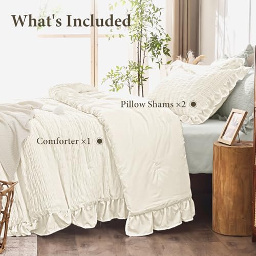 JOLLYVOGUE Ivory King Comforter Set, 3 Pieces Seersucker Comforters King Size, Lightweight & Fluffy Bedding Sets King for All Season with 1 Ruffle Comforter and 2 Ruffle Pillowshams