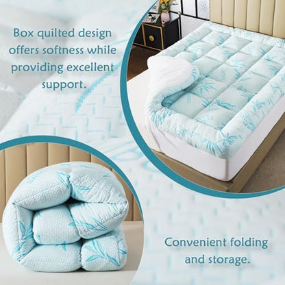 WhatsBedding 5 Inch Full Mattress Topper Breathable Bamboo Viscose Air Layer,Memory Foam Mattress Topper Full Size Blue.