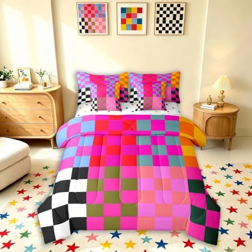 Feelyou Multicolored Checkered Retro 7 Piece Bedding Set Kids Boys Girls Geometric Vintage Comforter Set with Sheets Twin Size Black Red Purple Bed in a Bag Modern Simple Groovy Aesthetic Room Decor