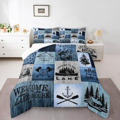 Lake House Comforter Set King Size,Camping Fishing Quilt Set Bear Anchor Pine Print Grid Bedding Set Kids Boys Girls Adult Rustic Cabin Decor Blue Patchwork Plaid Duvet Insert,2 Pillowcases