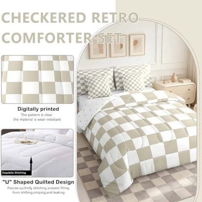 Feelyou Checkered 7 Piece Bedding Set Teen Women Men Beige Plaid Comforter Set with Sheets King Size Kids Boys Cute Retro Neutral Checkerboard Geometric Bed in a Bag Vintage Aesthetic Room Decor
