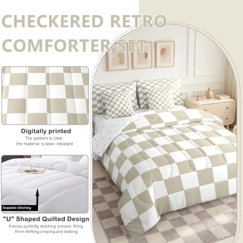 Feelyou Checkered 7 Piece Bedding Set Teen Women Men Beige Plaid Comforter Set with Sheets Queen Size Kids Boys Cute Retro Neutral Checkerboard Geometric Bed in a Bag Vintage Aesthetic Room Decor