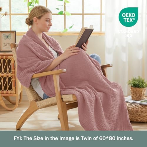EMME Muslin Blankets for Adults Throw Blanket for Couch Breathable Gauze Soft Lightweight Airy Dusty Pink Twin XL 66" x 90"