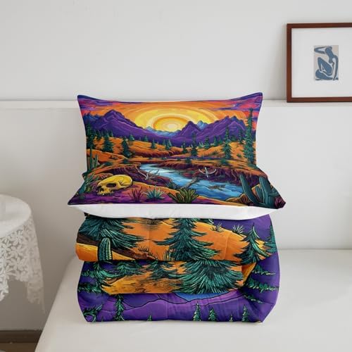 Purple Mountain Comforter Set Twin Size,Skull Bone Pine Tree Cactus Bedding Set for Kids Boys Girls Room Decor,Sun Mountain River Quilt Set 2Pcs,Vintage Abstract Art Duvet Insert,1 Pillowcase