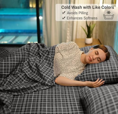 RUVANTI 100% Cotton Flannel Sheets Split King Size, Grey Plaid