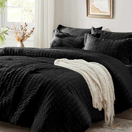Queen Comforter Set 7 Piece, Black Bed in a Bag Queen Size Bedding Sets