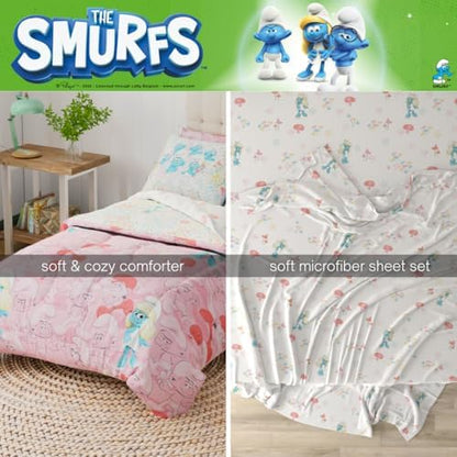 The Smurfs Smurfette Twin Bedding Set – 5 Piece Kids Super Soft Microfiber Reversible Comforter & Sheet Set - Pink, (Officially Licensed Product) by Franco
