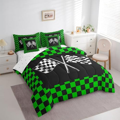 Teens Racing Comforter Set King Size 7 Pcs Green Black White Bedding Set with Comforter,Sheet Set,Pillowcase and Sham Racing Car Flag Game Theme Bed Set Checkered Flag Bedding for Room Decorative