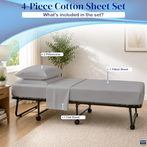 Cottingon 4 PC Cot Sheet Set 30"X75", Egyptian Cotton, Light Grey