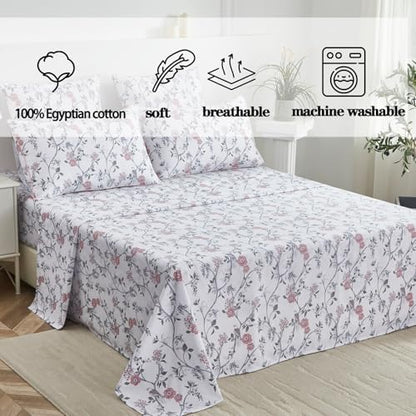 FADFAY Sheets Set Twin Rustic Bird Floral Bed Sheets Set Vintage Botanical Bedding Shabby Branches Leaves Bedding Collections 100% Egyptian Cotton Breathable Soft 17.7" Deep Pocket 4Pcs, Twin Size