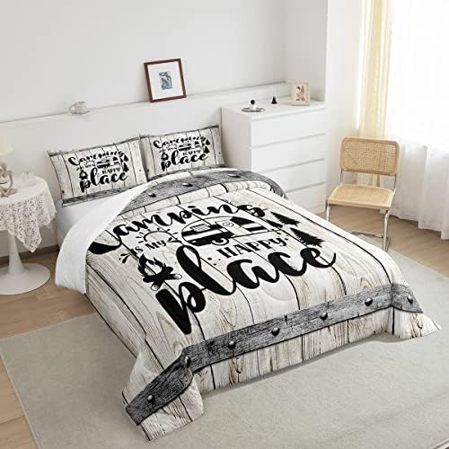 Happy Camping Comforter Set King Size,Wooden Plank Pine Trees Rustic Farmhouse Bedding Set 3pcs for Kids Boys Girls Adults,Camper RV Trailer Decor Down Comforter,Retro Duvet Insert,2 Pillowcases
