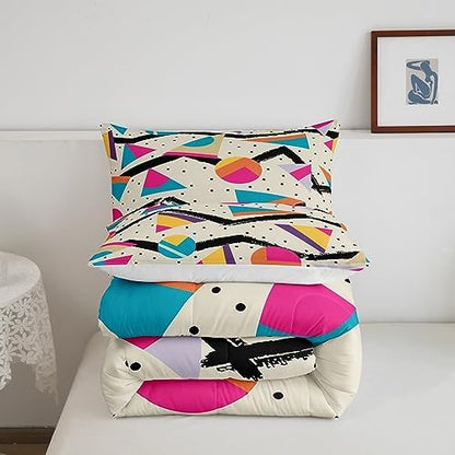 Manfei Memphis Comforter Set Full Size, Retro 80s or 90s Fashion Style Bedding Set 3pcs for Kids Boys Girls, Geometric Triangle Circle Quilt Set Soft Polyester Duvet Set with 2 Pillowcases