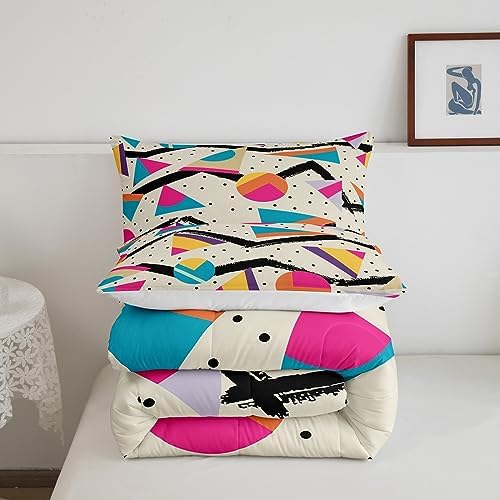 Manfei Memphis Comforter Set Queen Size, Retro 80s or 90s Fashion Style Bedding Set 3pcs for Kids Boys Girls, Geometric Triangle Circle Quilt Set Soft Polyester Duvet Set with 2 Pillowcases