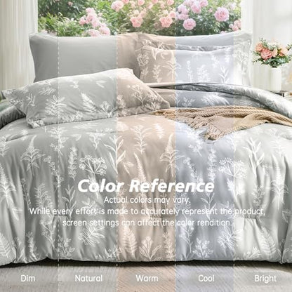 MUXHOMO Silver Grey Bed in a Bag Queen 7 Pieces, Queen Comforter Set Reversible Botanical Flowers Design, Ultra Soft & Breathable Bedding Sets with Comforter, Sheets, Pillowcases & Shams