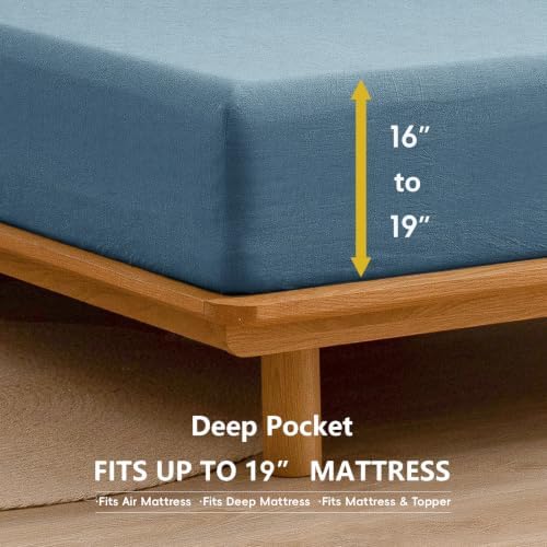 BESTOUCH Sheet Set 100% Washed Cotton Linen Feel Super Soft Comfortable Chic Lightweight 4 Pcs Home Bedding Set Solid Dark Blue Queen