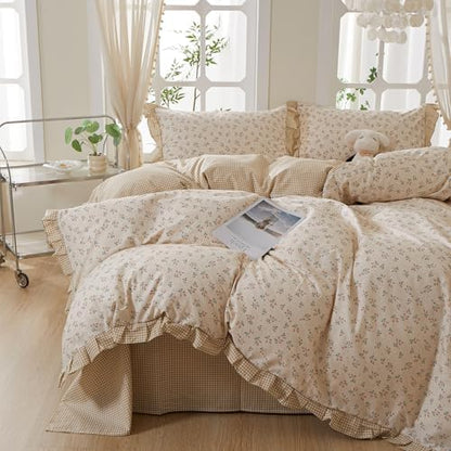 mixinni Beige Floral Duvet Cover Twin Size, 100% Cotton Cute Strawberry Floral Ruffle Bedding Set, Vintage Cottagecore Reversible Tan Gingham Aesthetic 3PC with Zipper Closure & Pillowcases