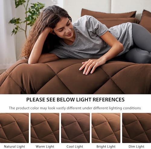 Love's cabin Oversized Queen Comforter Set, 7 Pieces Bed in a Bag, All Season Bedding Sets with 1 Comforter, 1 Flat Sheet, 1 Fitted Sheet, 2 Pillowcase and 2 Pillow Sham, Brown