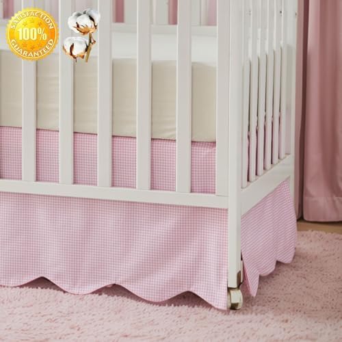 Brandream Scallop Edge Cotton Crib Skirt, Baby Boy Girl Gender Neutral Crib Skirt Toddler Bedskirt Farmhouse Chic Plaid Nursery Crib Bed Skirt, Gingham Check Pink