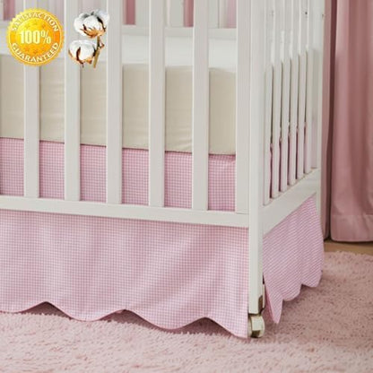 Brandream Scallop Edge Cotton Crib Skirt, Baby Boy Girl Gender Neutral Crib Skirt Toddler Bedskirt Farmhouse Chic Plaid Nursery Crib Bed Skirt, Gingham Check Pink