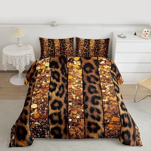 jejeloiu Leopard Kids Comforter Set Full Size Glitter Pattern Bedding Set Animal Skin Duvet Quilt for Kids Boys Girls Bedroom Decor Microfiber Ultra Soft Breathable