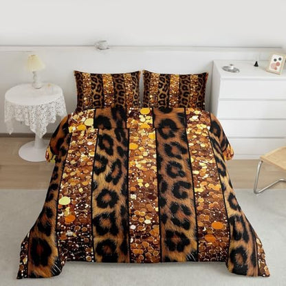 jejeloiu Leopard Kids Comforter Set Full Size Glitter Pattern Bedding Set Animal Skin Duvet Quilt for Kids Boys Girls Bedroom Decor Microfiber Ultra Soft Breathable