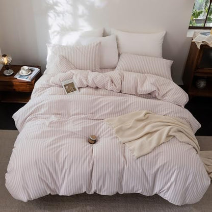 FOSSA Striped Duvet Cover Set 100% Washed Cotton Linen Feel Twin