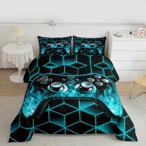 Teal Gaming Comforter Set for Boys - Neon Geometric Toddler Bedding Set with 3D Geometric Kids Comforter, Flame Gaming Consoles Decor