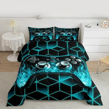 Teal Gaming Comforter Set for Boys - Neon Geometric Toddler Bedding Set with 3D Geometric Kids Comforter, Flame Gaming Consoles Decor