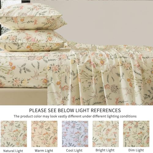 FADFAY Full Size 4‑Piece 100% Cotton Sheet Set – Deep Pocket Fitted Sheet, Crisp, Breathable & Soft for Hot Sleepers, Country Style Floral & Butterfly Pattern for All Seasons