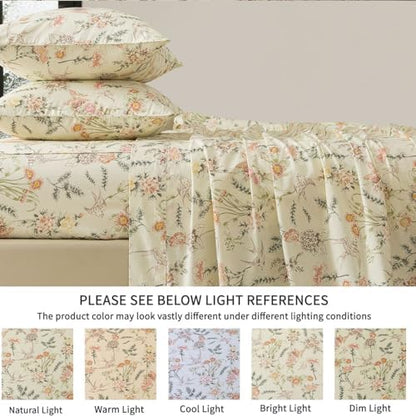 FADFAY Full Size 4‑Piece 100% Cotton Sheet Set – Deep Pocket Fitted Sheet, Crisp, Breathable & Soft for Hot Sleepers, Country Style Floral & Butterfly Pattern for All Seasons