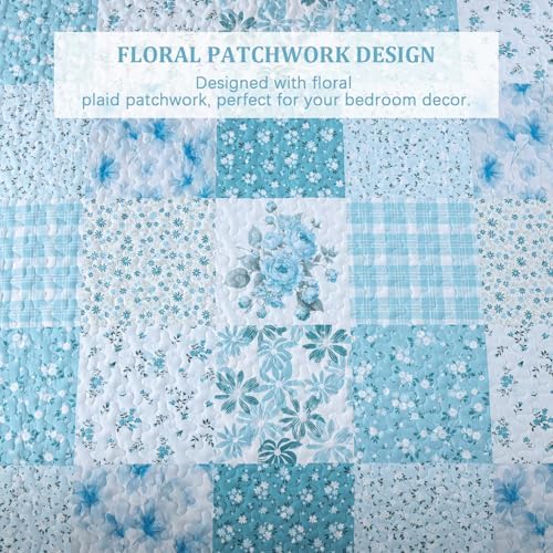 Mybedsoul Blue Patchwork King Size Quilt, Floral Reversible Bedding Set