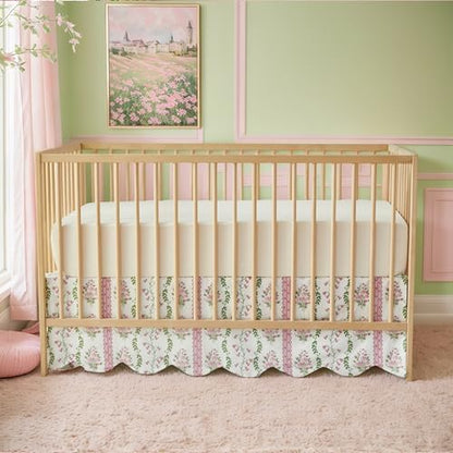 Brandream Scallop Edge Crib Skirt Organic Cotton Toddler Bedskirt Floral Stripes and Vines Baby Nursery Crib Bed Skirt Neutral Vintage Green Pink Floral Bouquet Farmhouse Chic Boho Bohemian Skirt