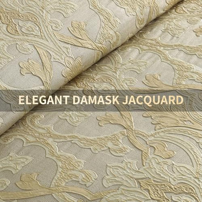 Bedduvit Luxury 7 Piece Bed in Bag, Vintage Damask Jacquard Thick King Comforter Set, Luxurious Genuine Patchwork Design All Season Bedding Set with Bed Skirt, Decor Pillows, Shams, Gold/Beige/Cream