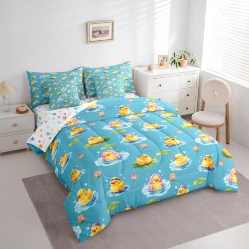 Erosebridal Yellow Rubber Duck King Comforter Set with Sheets 7 piece Cartoon Ducks Bed in A Bag Funny Animal Lotus Bedding Sets for Kids Adults,Cute Pet Rustic Animal Bed Set