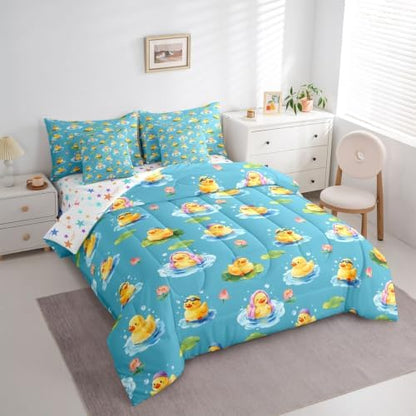 Erosebridal Yellow Rubber Duck King Comforter Set with Sheets 7 piece Cartoon Ducks Bed in A Bag Funny Animal Lotus Bedding Sets for Kids Adults,Cute Pet Rustic Animal Bed Set