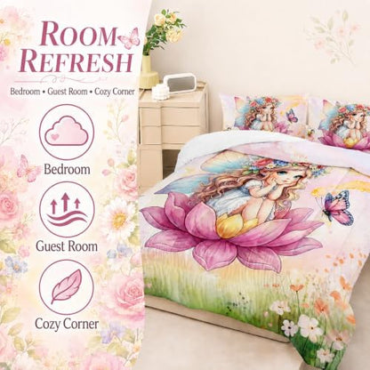 AILONEN Twin Beautiful Fairy Girls Comforter Set,Cute Girls Bedding Set for Kids Teen,Tie Dye Flower Butterfly Pink Comforter Set 3 Piece,1 Comforter with 2 Pillowcases