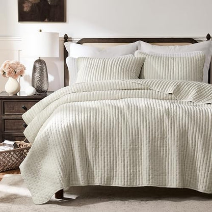 WDCOZY Beige Cross Stitch Twin Size Quilt Set, Netural Striped Lightweight Soft Bedspread, Channel Farmhouse Rustic Coverlet, All Season Country Bedding, Thin Comforter