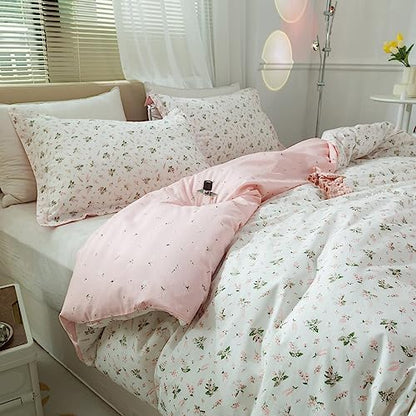 Floral Girls Duvet Cover Full Size 100% Cotton Pink Floral Duvet Cover Chic Garden Style Botanical Flower Bedding Set Lightweight Soft Aesthetic Floral Comforter Cover with 2 Pillowcases, No Comforter