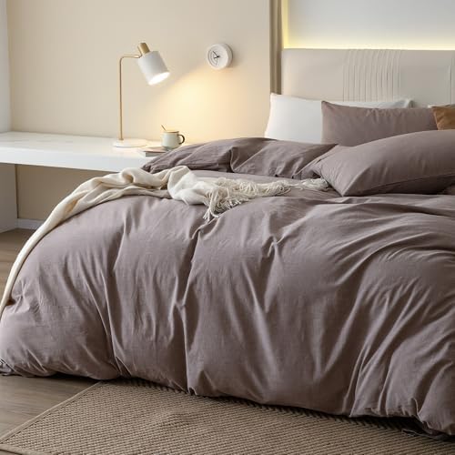 JIYUAN Full Washed Cotton Duvet Cover Set, 3-Piece, Relaxed Linen Feel
