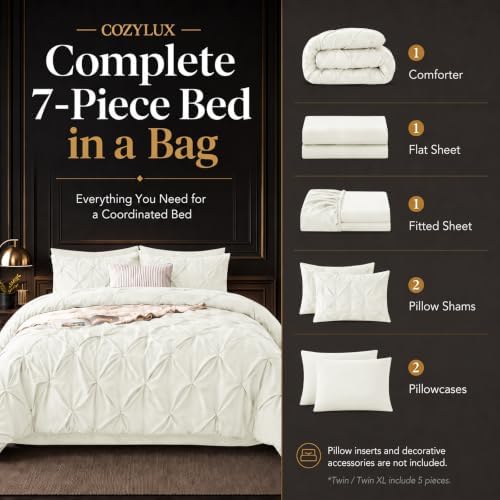 CozyLux Full Size Comforter Sets Ivory, 7 Pieces Pintuck Bed in a Bag