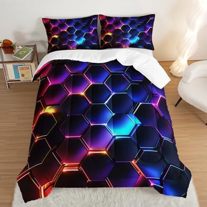 HOSIMA 3D Hexagon Honeycomb Boys Comforter Set Twin with 2 Pillowcases.