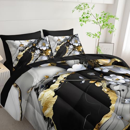 7 Piece Marble Floral Comforter Set Queen，Black and White Marble Bedding Set，Black and Gold Marble Bedroom Decor，(1 Comforter, 1 Flat Sheet, 1 Fitted Sheet, 2 Pillowcase and 2 Pillow Sham)