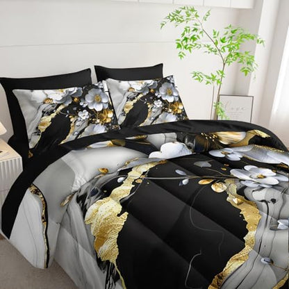 7 Piece Marble Floral Comforter Set Queen，Black and White Marble Bedding Set，Black and Gold Marble Bedroom Decor，(1 Comforter, 1 Flat Sheet, 1 Fitted Sheet, 2 Pillowcase and 2 Pillow Sham)
