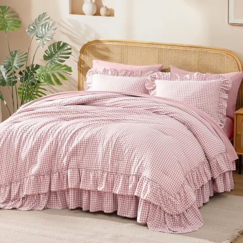 Full Size Comforter Set Pink Gingham Ruffle 7 Pieces Farmhouse Bed in a Bag