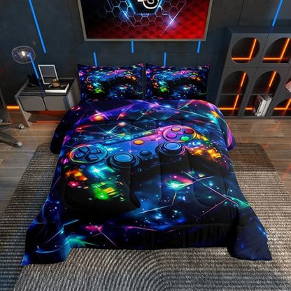 Feelyou Kids Gamer Comforter Set Queen Size, Galaxy Gaming Bedding Set Glitter Game Comforter Boys Girls Gamepad Teens Duvet Set Bedroom Decor Bed Set 3Pcs