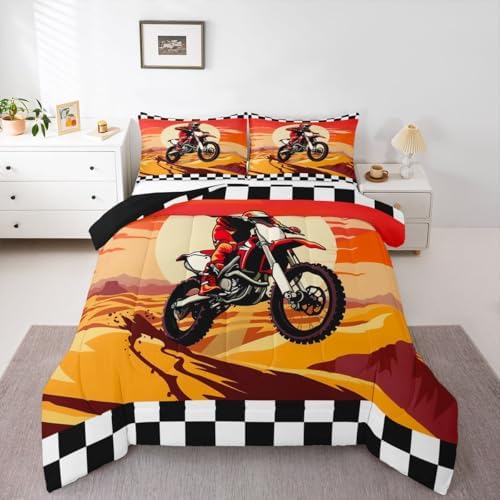 Feelyou Sunset Motocross Comforter Set Queen Dirt Bike Rider Bedding Set for Kids Boys Girls Checkered Flag Duvet Quilt Off-Road Racing Design Bedroom Decor Outdoor Sports 3 Pcs with 2 Pillow Cases