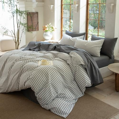 Striped Duvet Cover Set Full Size 3 Piece 100% Washed Cotton Linen Feel Bedding Comfy Breathable Modern Farmhouse (Full, Double Stripe-White/Black)