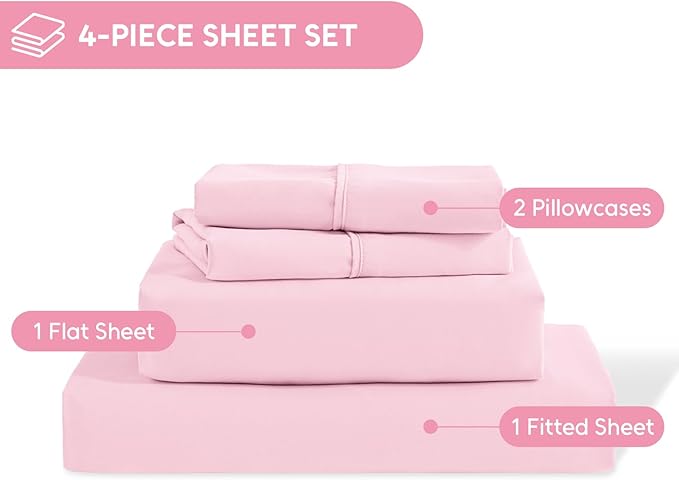 Queen Sheet Set, 4 Pieces Hotel Luxury Soft Microfiber Queen Bed Sheets Set, Up to 16" Deep Pockets, Oeko-Tex Sheets with Elastic, Breathable, Wrinkle Free (Light Pink, Queen)