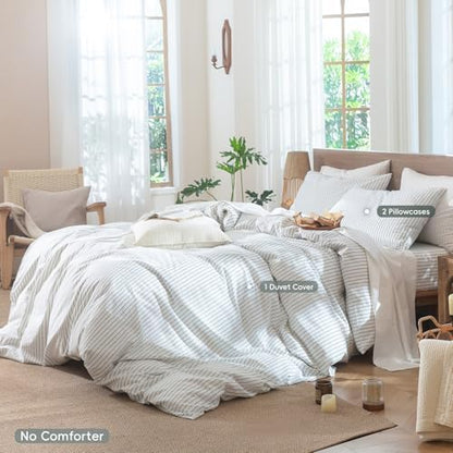 MooMee Striped Duvet Cover Set 100% Washed Cotton Linen Like Cal King